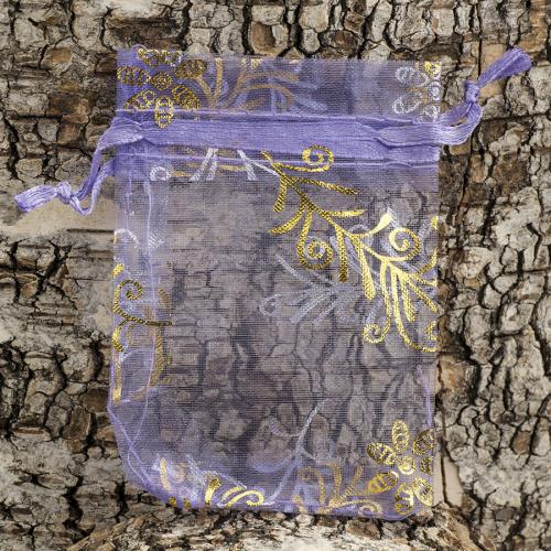 Tygpåse organza 9x7 cm, Lavendel med gulddekorationer (st)