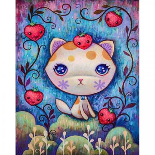 Diamond Painting Canvas 30 x 40 cm, Katt och jordgubbar