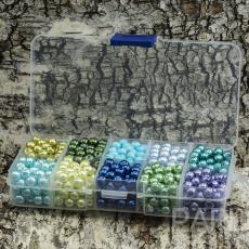Box med vaxade glaspärlor 6 mm, Blå/Grönmix (st)