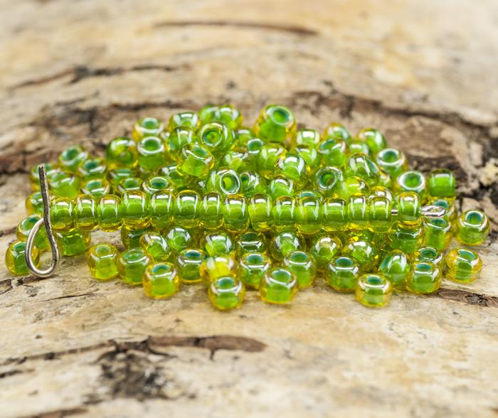 Seed Beads colourlined 5 mm, Grn/Gul (20g)