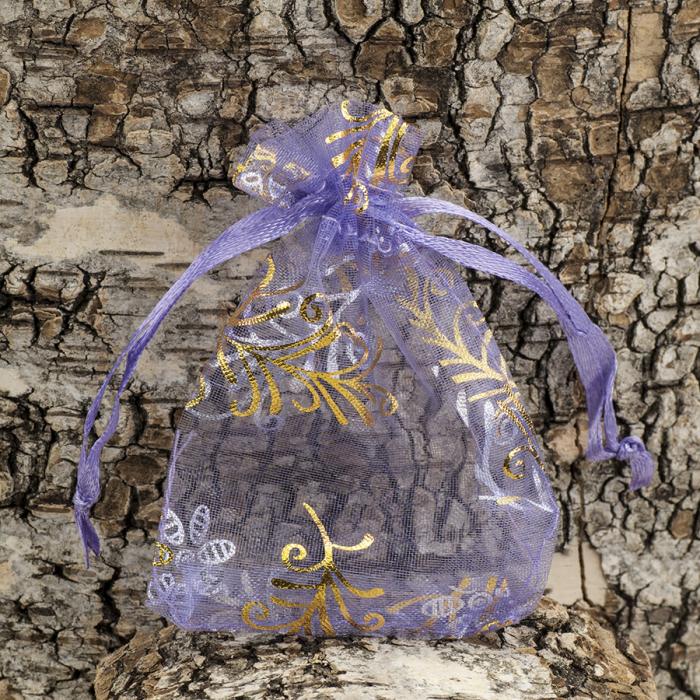 Tygpse organza 9x7 cm, Lavendel med gulddekorationer (st)