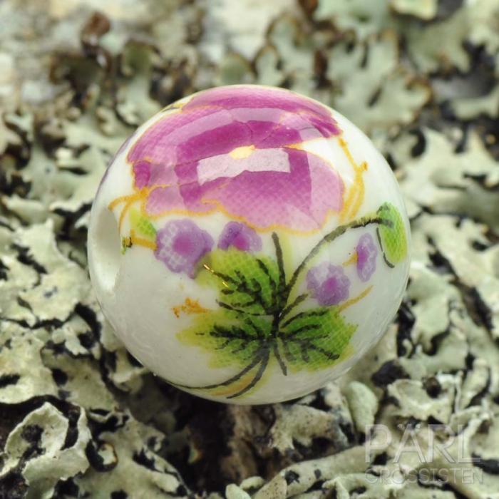 Porslinsprla 12 mm, Vit med lilarosa blommor (st)