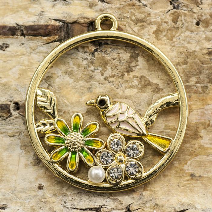 Berlock Strassblomma i ring 23x25 mm, Multi/Guldfärg (st)