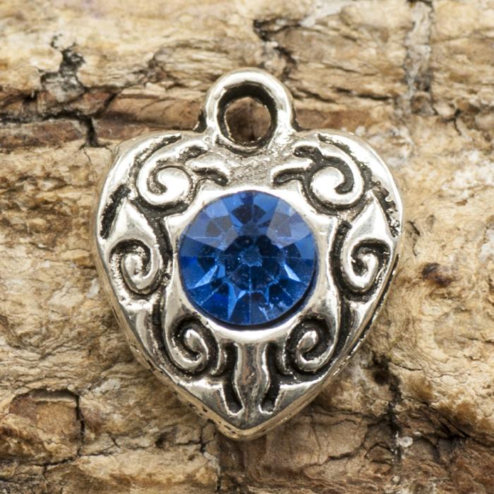 Berlock Hjärta med strass 10x12 mm, Blå/Antiksilver (3st)