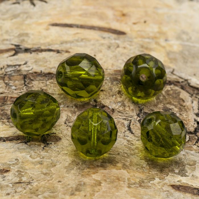 Glaspärla facetterad kula 12 mm, Olivgrön (5st)