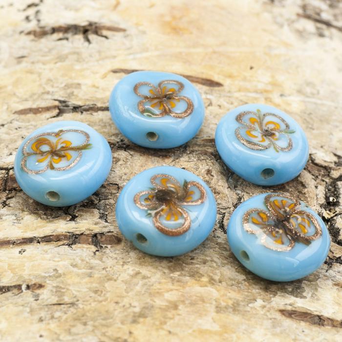 Glaspärla puck blomma 17x16 mm, Turkos (5st)