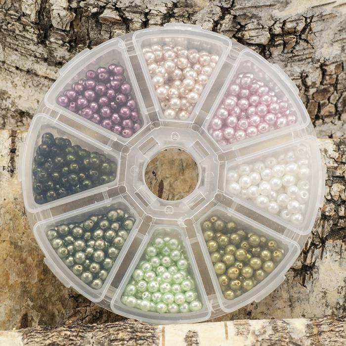 Box med vaxade glaspärlor 4 mm, Rosa/Grön/Vitmix (st)