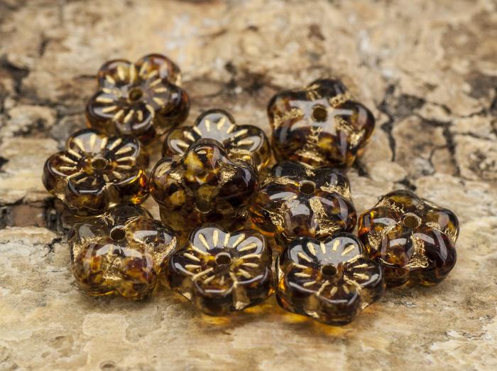 Glaspärla Blomma 8x3,5 mm, Brun/Guld (10st)