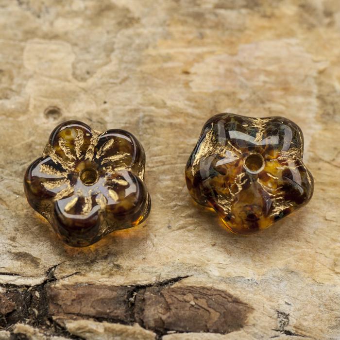 Glaspärla Blomma 8x3,5 mm, Brun/Guld (10st)
