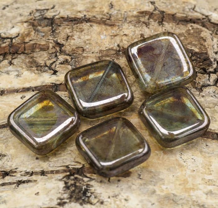 Glaspärla Fyrkant 16x16 mm, Grågrön (5st)