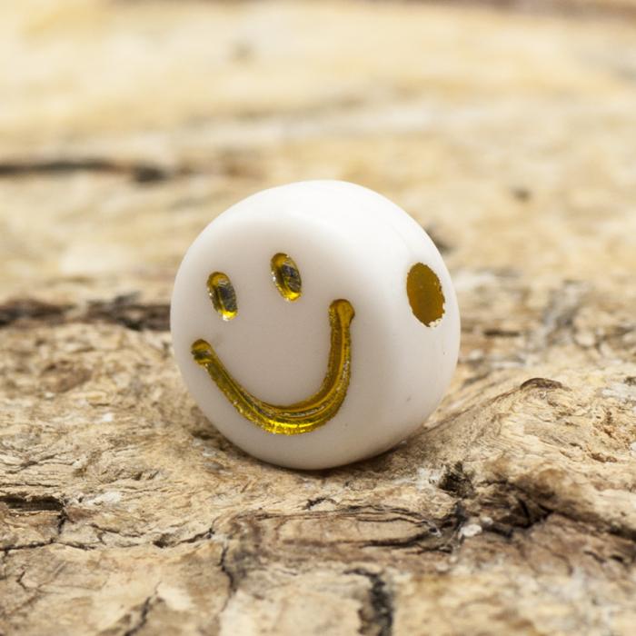 Akrylpärla Smiley 7 mm, Vit/Guldfärg (25st)