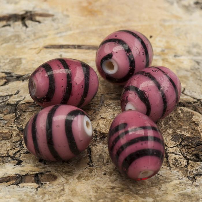 Oval glaspärla 12x15 mm, Rosa/Svart (5st)