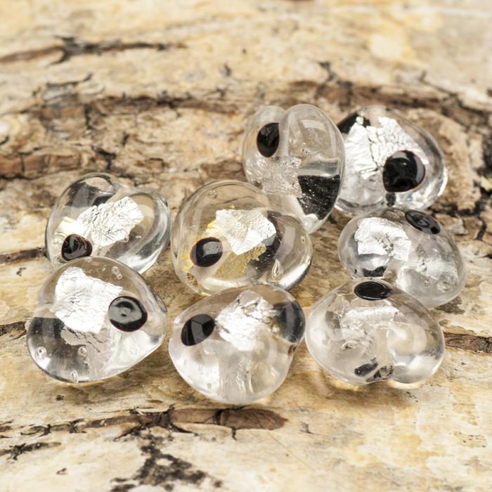 Glaspärla Hjärta 15x14 mm, Svart/Silver (st)