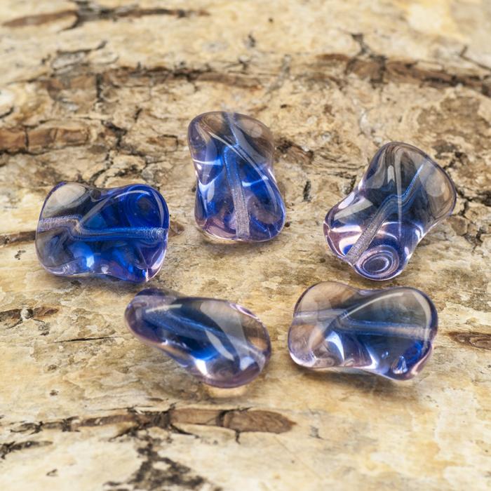 Glaspärla Twist 10x15 mm, Blå/Rosa (5st)