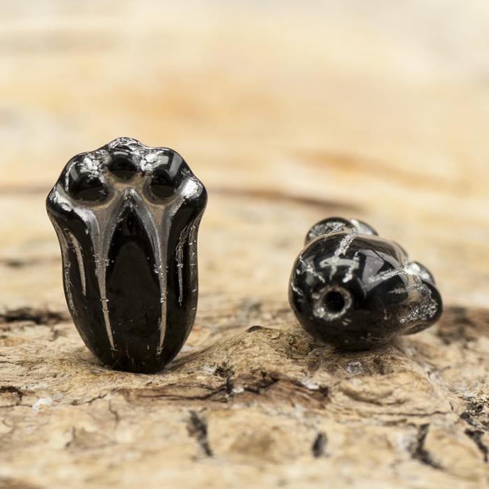 Glaspärla Kattass 7,5x11 mm, Svart/Silverfärg (10st)