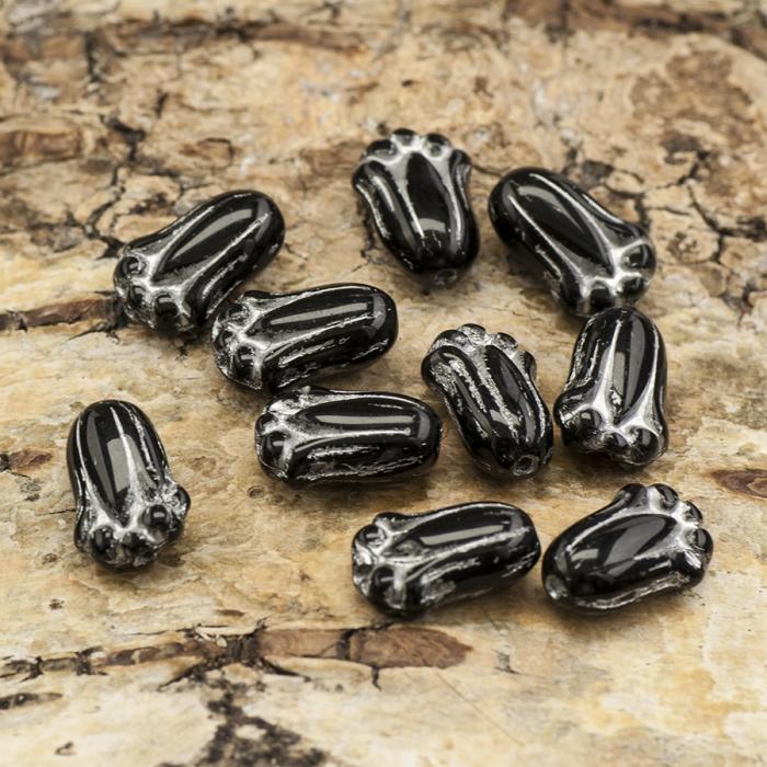 Glaspärla Kattass 7,5x11 mm, Svart/Silverfärg (10st)