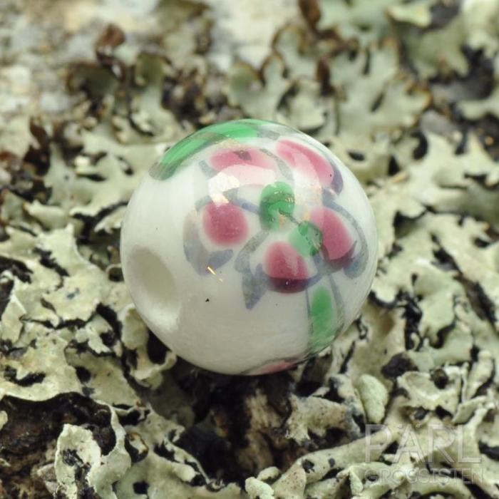 Porslinspärla 10 mm, Vit med blommor (st)