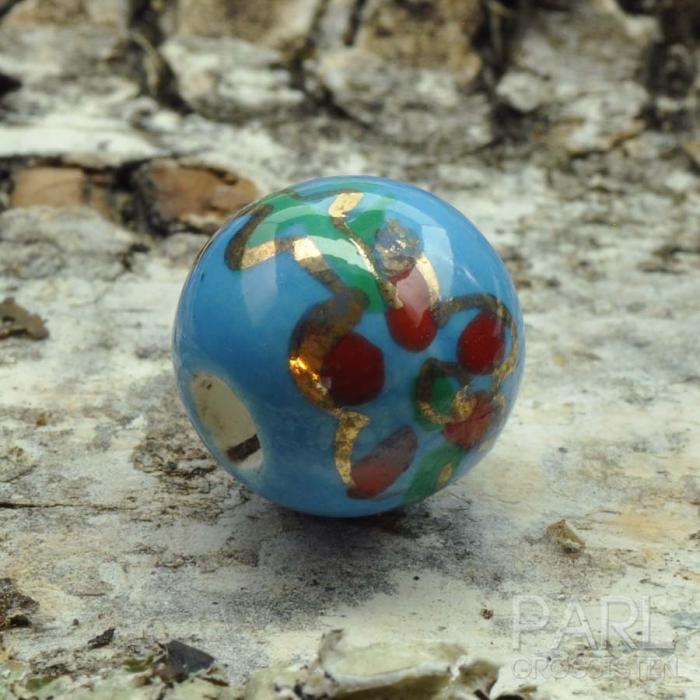 Porslinspärla 10 mm, Turkos med blommor (st)