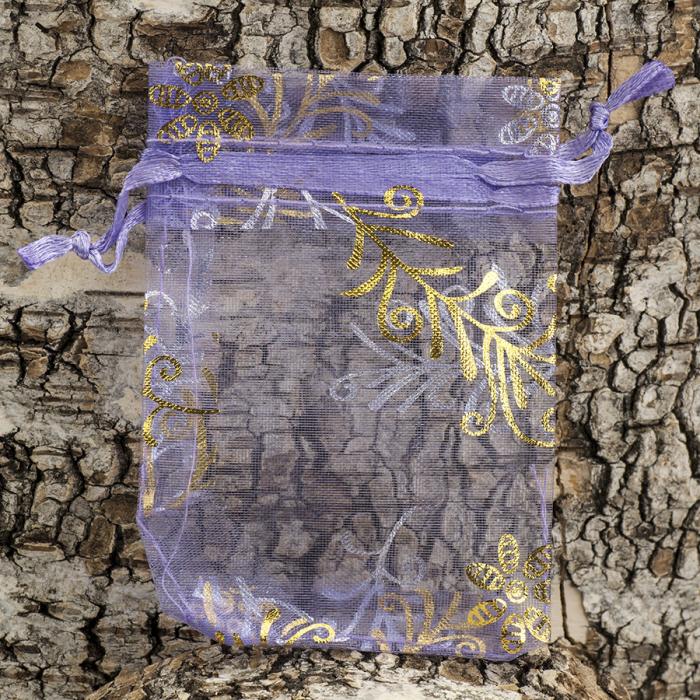 Tygpåse organza 9x7 cm, Lavendel med gulddekorationer (st)