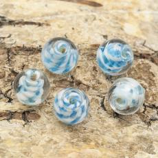 Glaspärla lampwork rund 10 mm, Blå/Vit (5st)