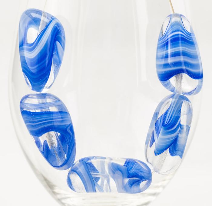 Glaspärla Unik 18x32 mm, Blåvit/Klar (st)