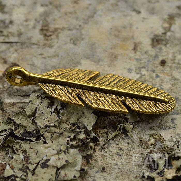 Berlock Fjäder 30x9 mm, Antikguld (5st)