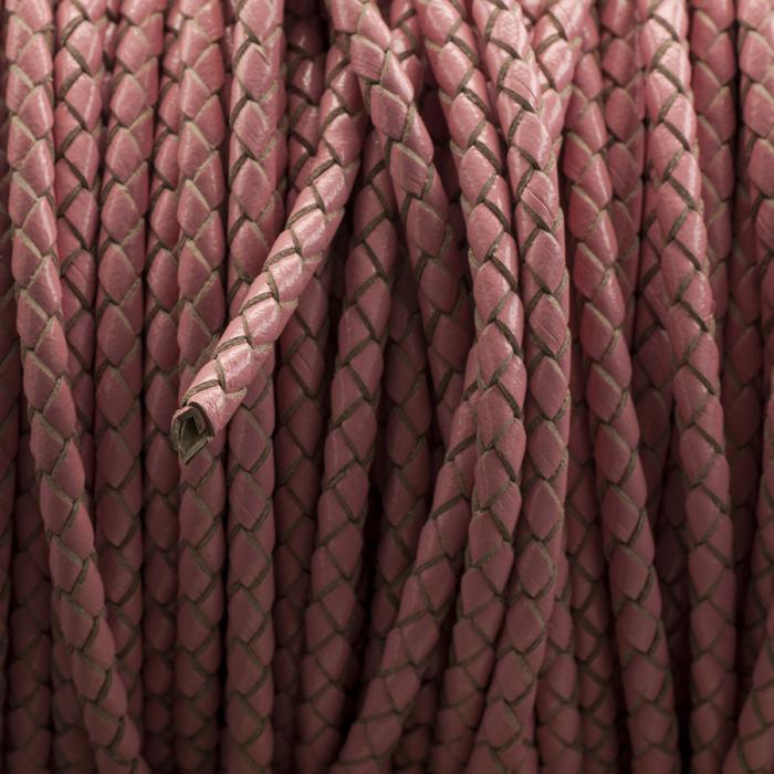 Flätat läderband 3 mm, Rosa (meter)