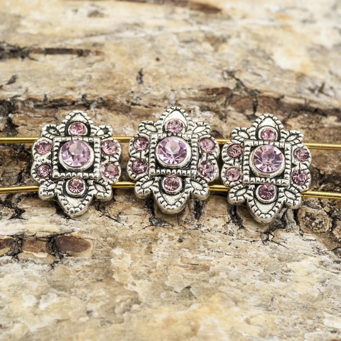 Mellandel Blomma med Strass 13x13x3 mm, Rosa/Antiksilver (st)