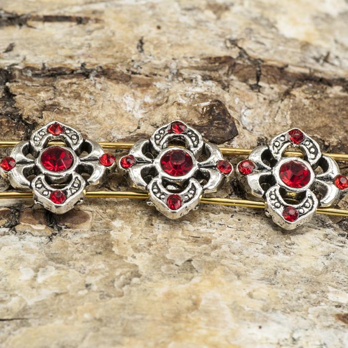 Mellandel Blomma med Strass 13x13 mm, Röd/Antiksilver (st)