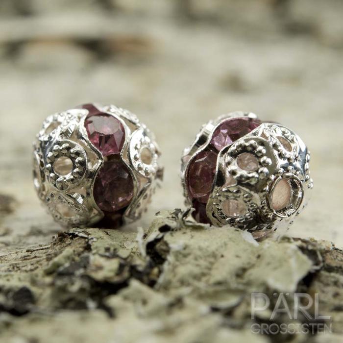 Strasskula 6 mm, Rosa/Silverfärg (st)