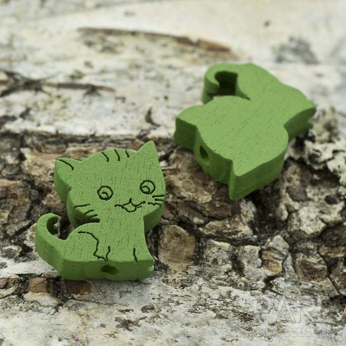 Katt i trä 17x16x5 mm, Grön (st)