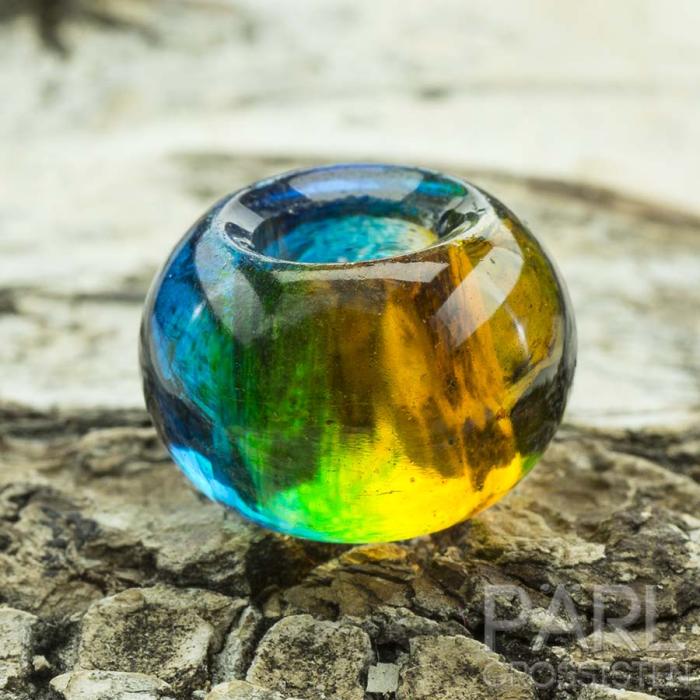 Ormlänkspärla i glas 15x10 mm, Blå/Grön/Gul (st)
