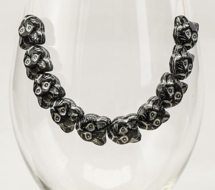 Glaspärla Katt 12x12 mm, Svart/Silver (5st)