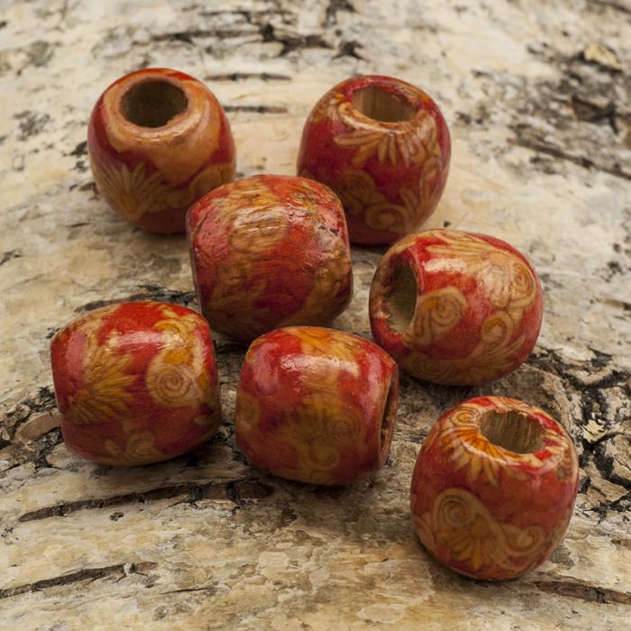 Träpärla mönstrad 16x17 mm, Röd/Brun (10st)