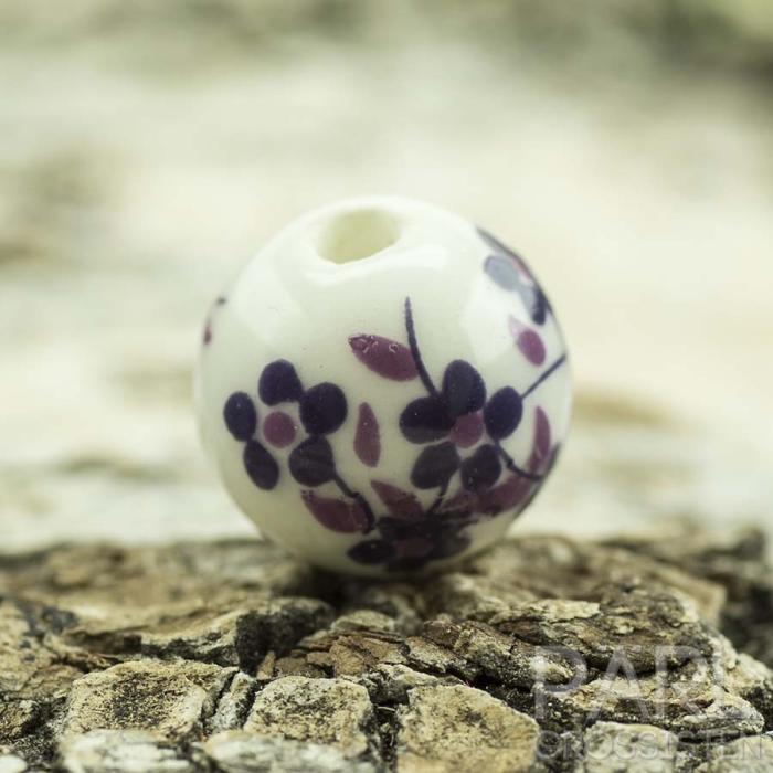 Porslinspärla 12 mm, Vit med rosa/lila blommor (st)