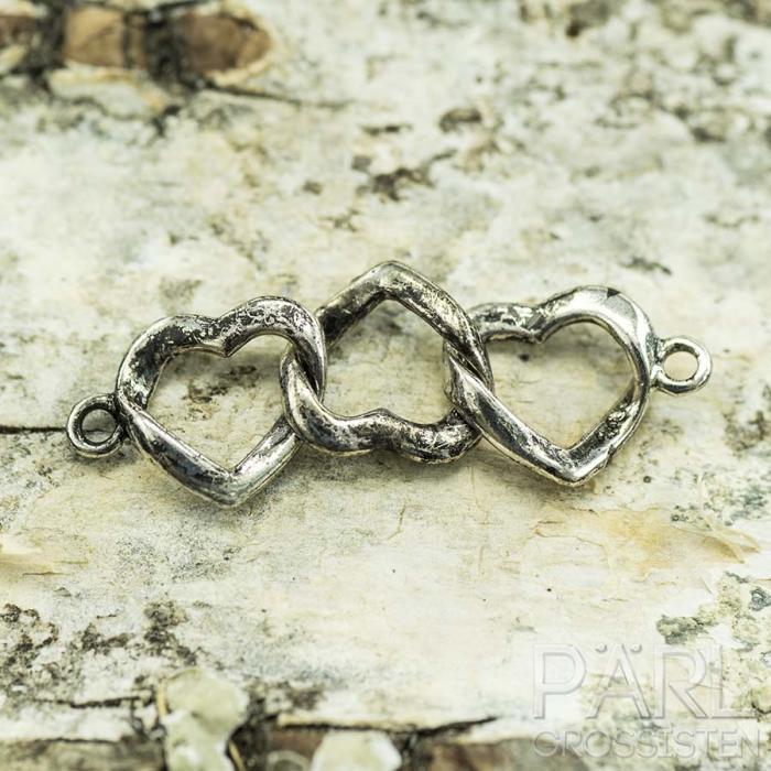 Connector Tre hjärtan 22x7 mm, Antiksilver (st)