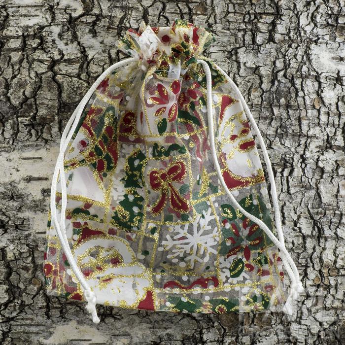 Organzapåse med julmotiv 12x16 cm, Vit/Röd/Grön (st)