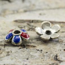 Pärlhållare emalj 6x1 mm, Antiksilver/Blå/Röd (4st)