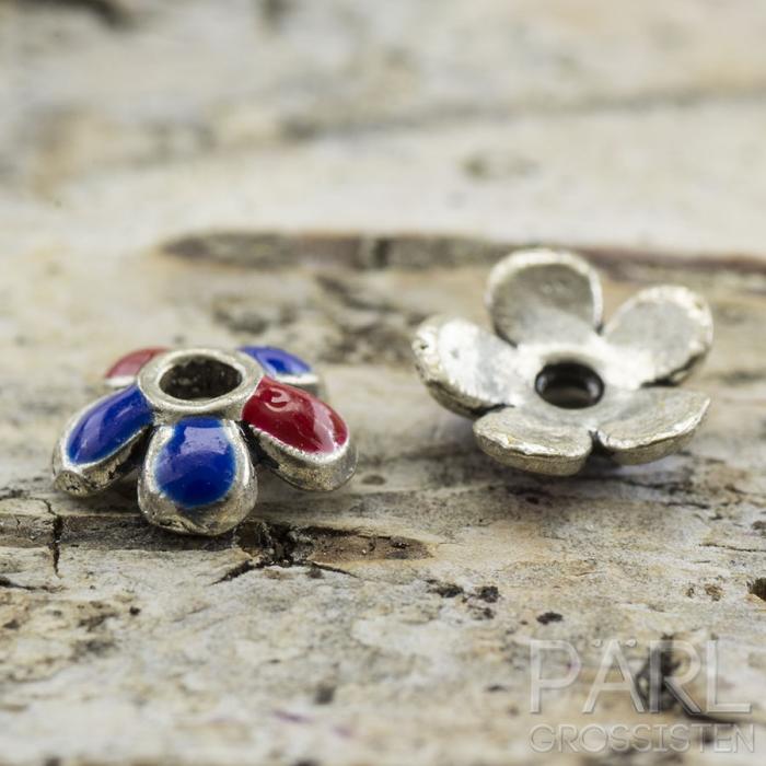 Pärlhållare emalj 6x1 mm, Antiksilver/Blå/Röd (4st)