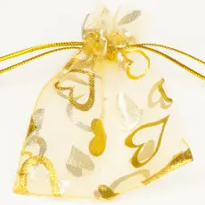 Organzapåse med hjärtan 9x7 cm, Guldfärg (st)