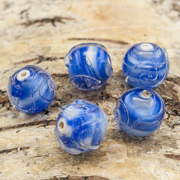 Glaspärla Lampwork Rund 15 mm, Blå/Vit (5st)