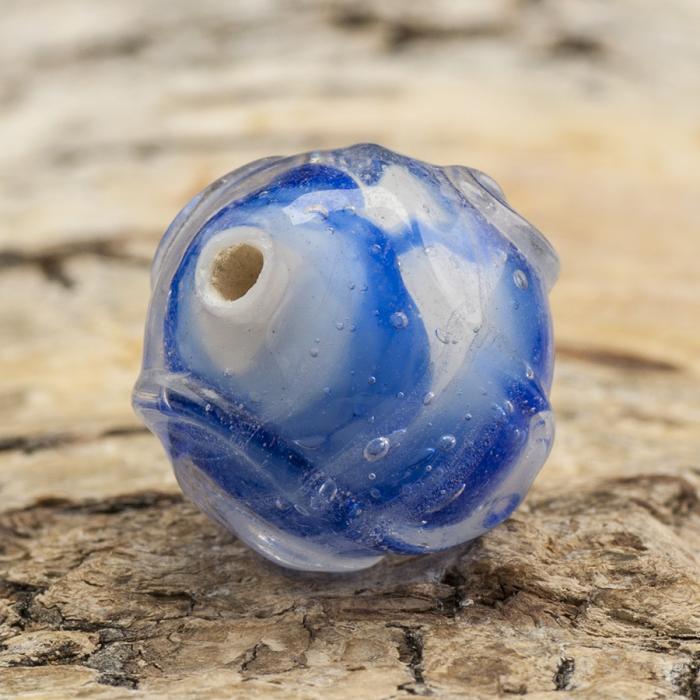 Glaspärla Lampwork Rund 15 mm, Blå/Vit (5st)