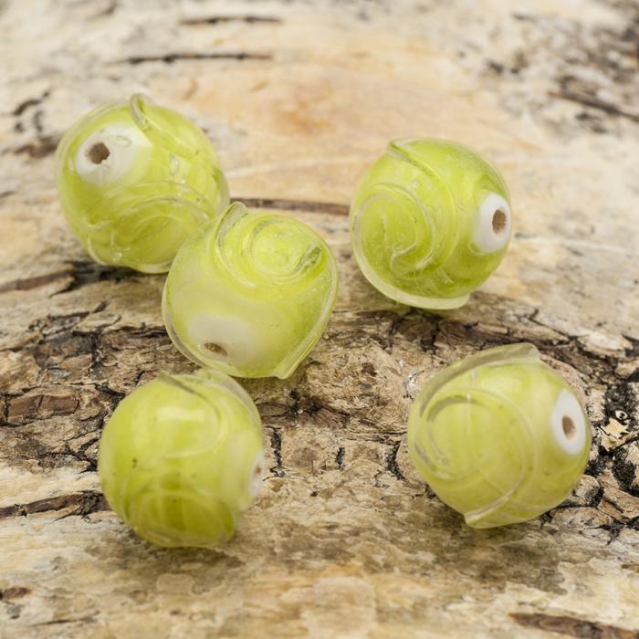 Glaspärla Lampwork Rund 15 mm, Ljusgrön/Vit (5st)