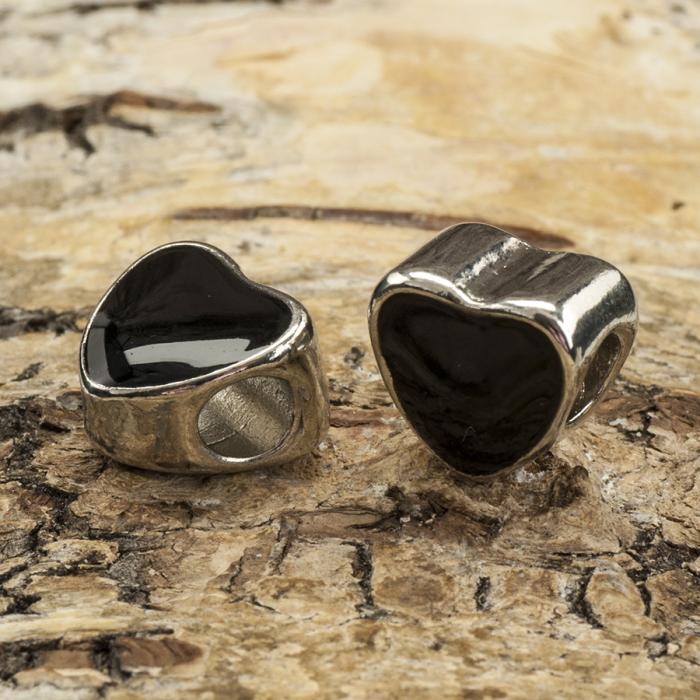 Ormlänkspärla Hjärta 11x11mm, Svart/Silverfärg (st)