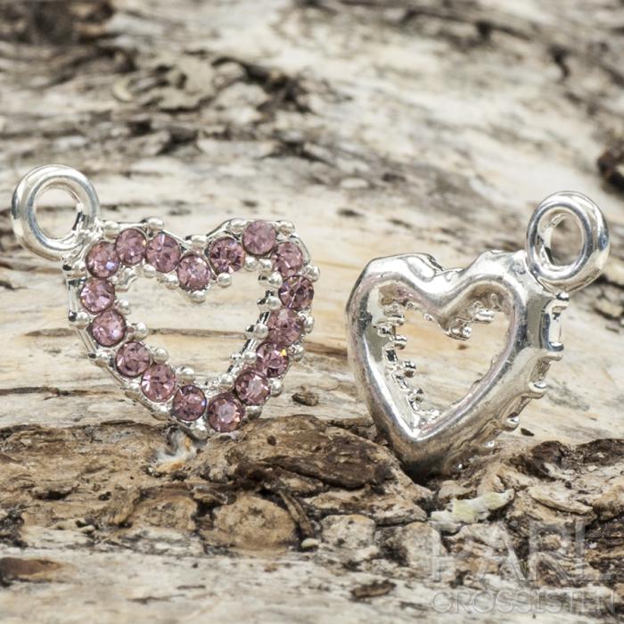 Berlock Hjärta med strass 19x13 mm, Rosa/Silverfärg (st)