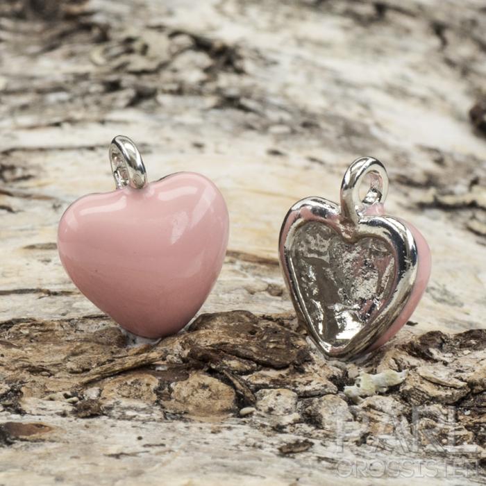 Berlock Hjärta emalj 15x13 mm, Rosa/Silverfärg (st)