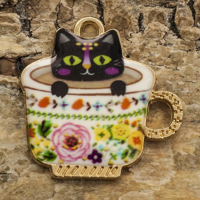 Berlock Katt i kopp 23x23 mm, Multi/Guldfärg (st)