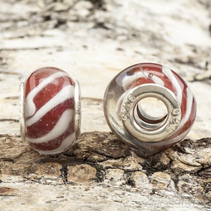 Ormlänkspärla glas/silverkärna 15x10 mm, Röd/Vit (st)