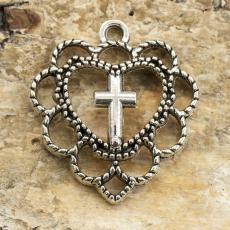 Berlock Kors i Hjärta 20x22 mm, Antiksilver (st)
