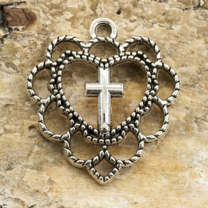 Berlock Kors i Hjärta 20x22 mm, Antiksilver (st)